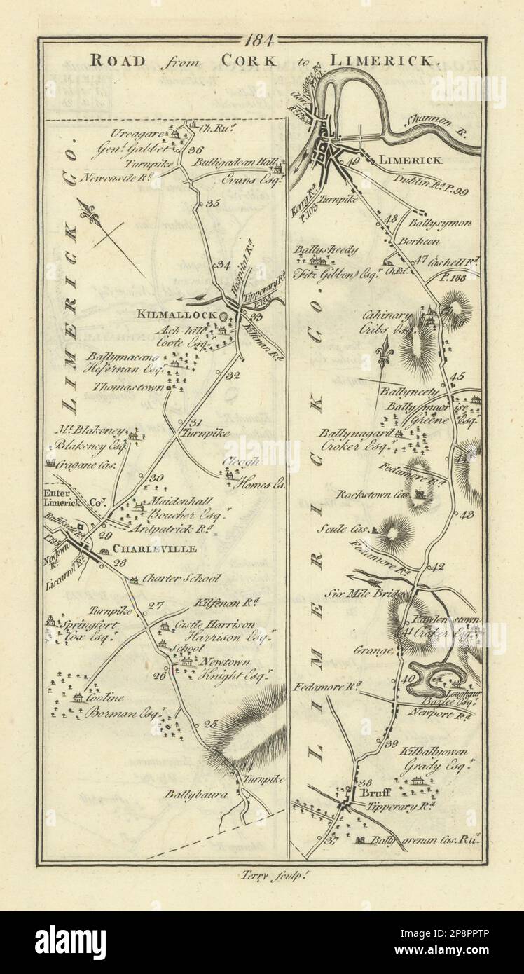 #184 Cork to Limerick. Charleville Kilmallock Bruff. TAYLOR/SKINNER 1778 map Stock Photo
