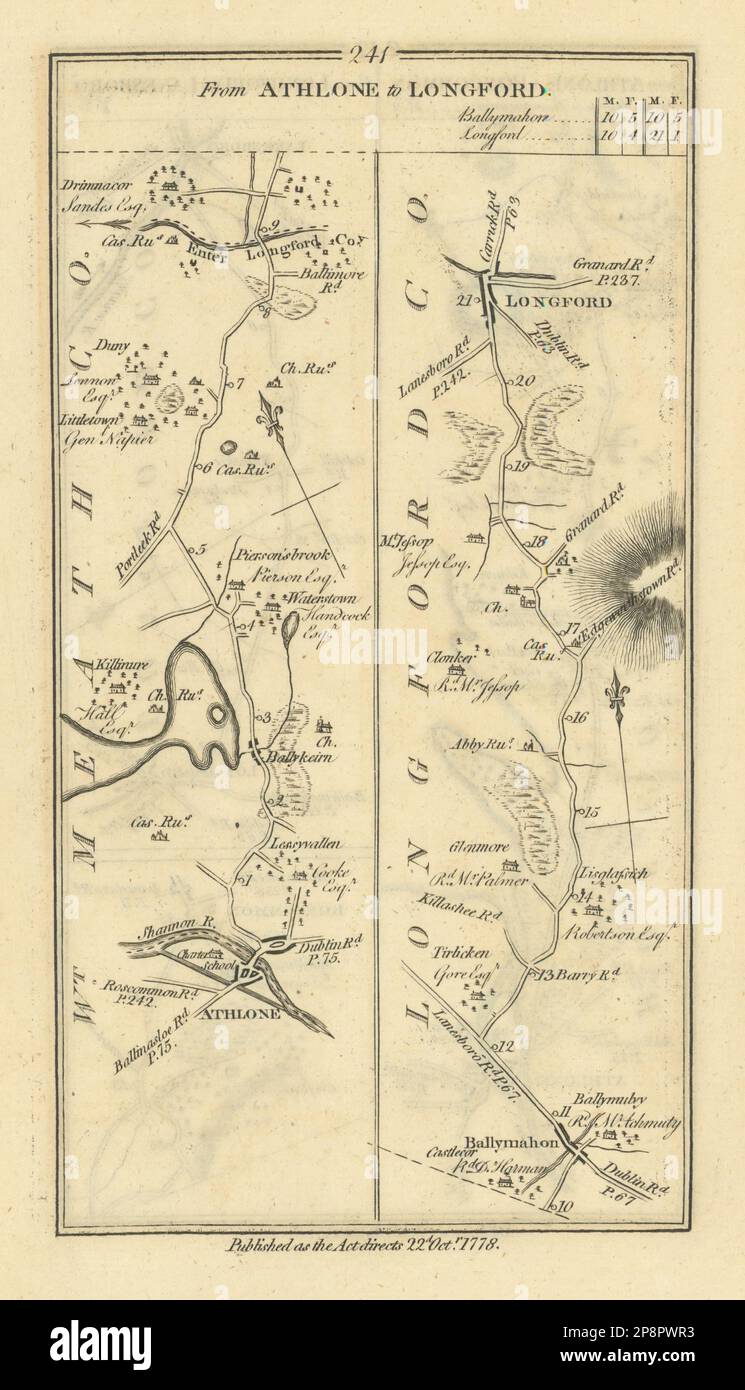 #241 Athlone to Longford. Ballymahon Westmeath. TAYLOR/SKINNER 1778 old map Stock Photo