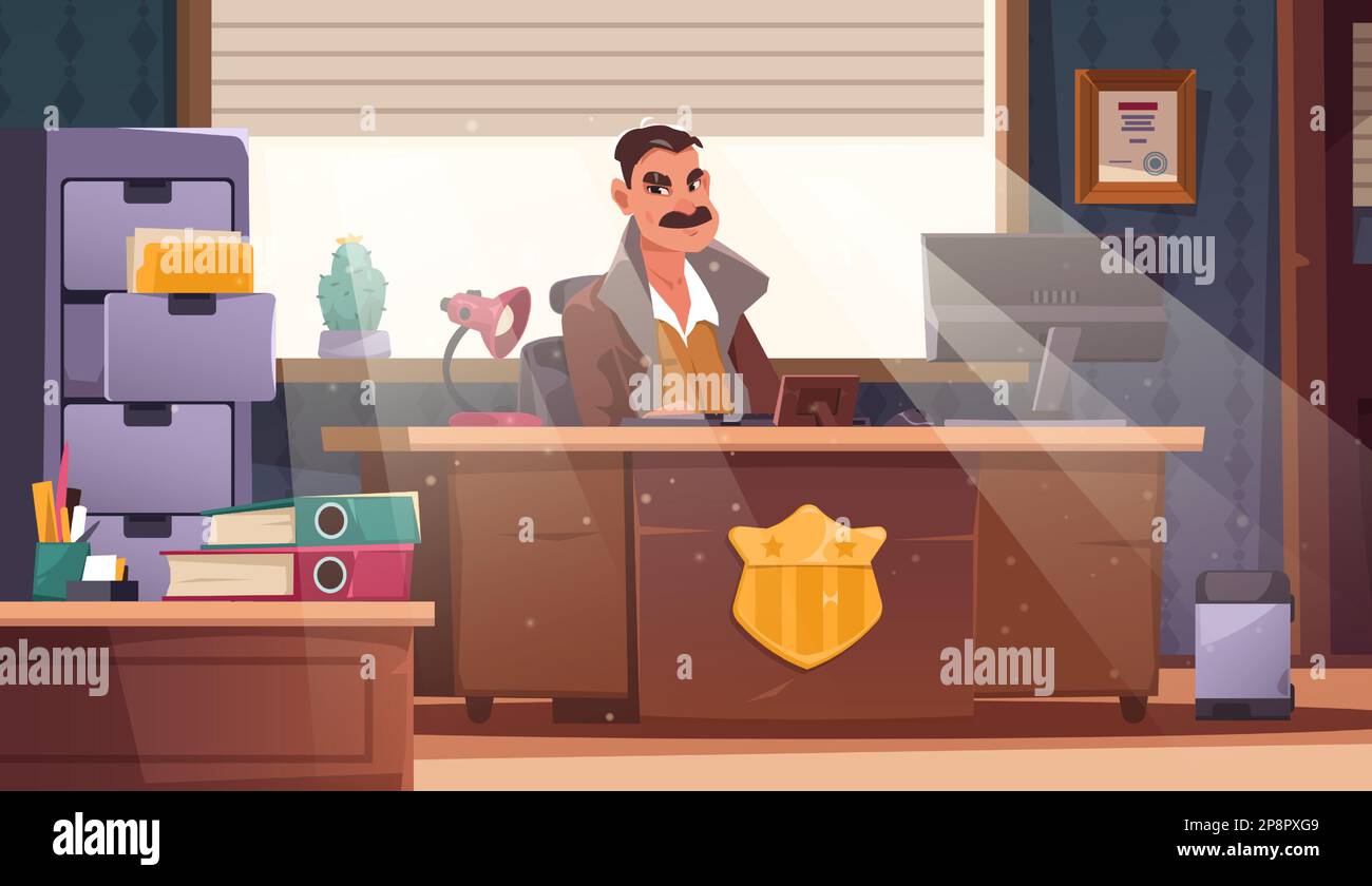 Detective in office. Police officer cartoon character in investigator cabinet workspace, private agent with crime scene investigation board. Vector Stock Vector