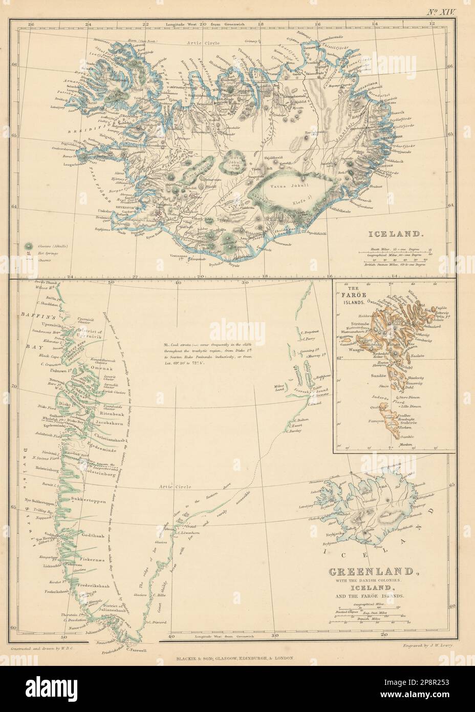 Iceland w/ glaciers. Greenland w/ Danish Colonies. Faroe Islands. LOWRY 1859 map Stock Photo