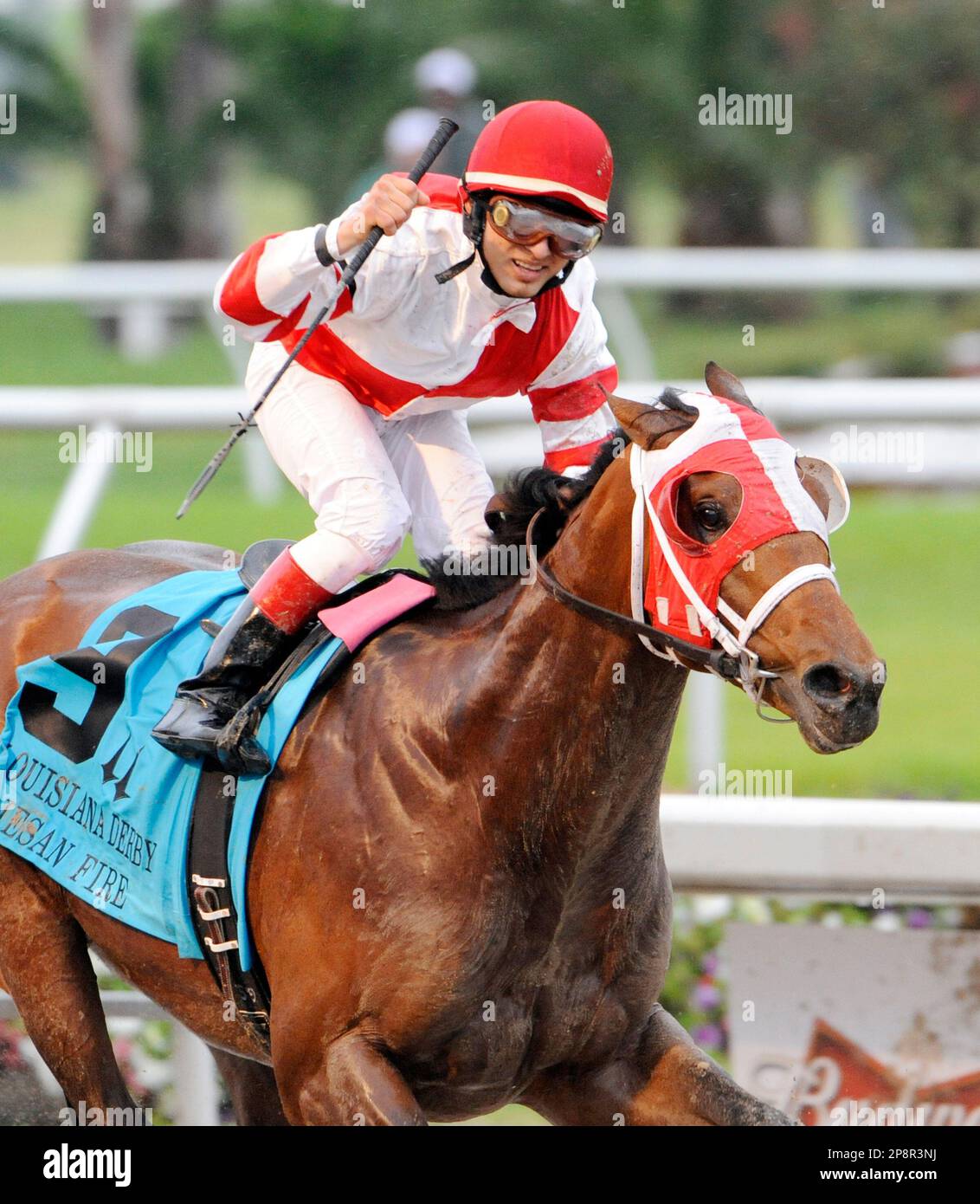 Jockey Gabriel Saez reacts aboard Friesan Fire after winning the 96th