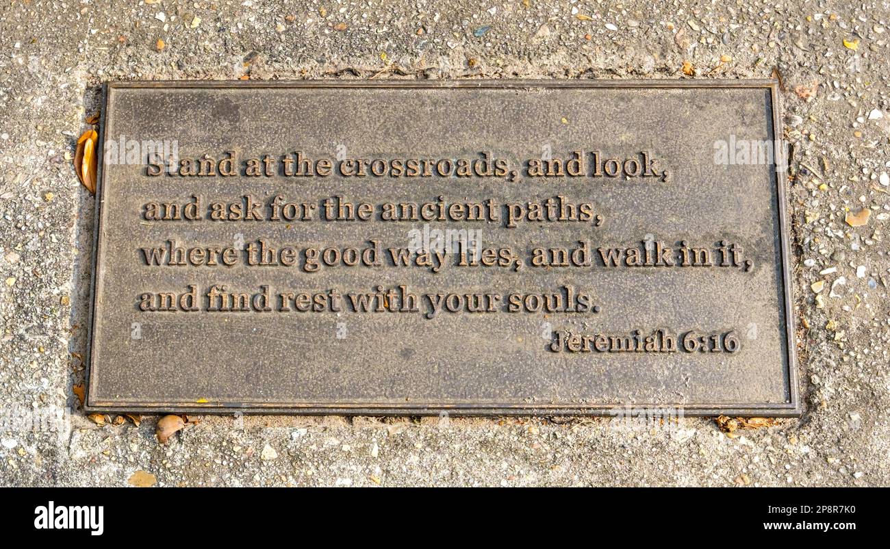 Biblical quotation on a sidewalk plaque regarding the good path, from the book of Jeremiah Stock Photo