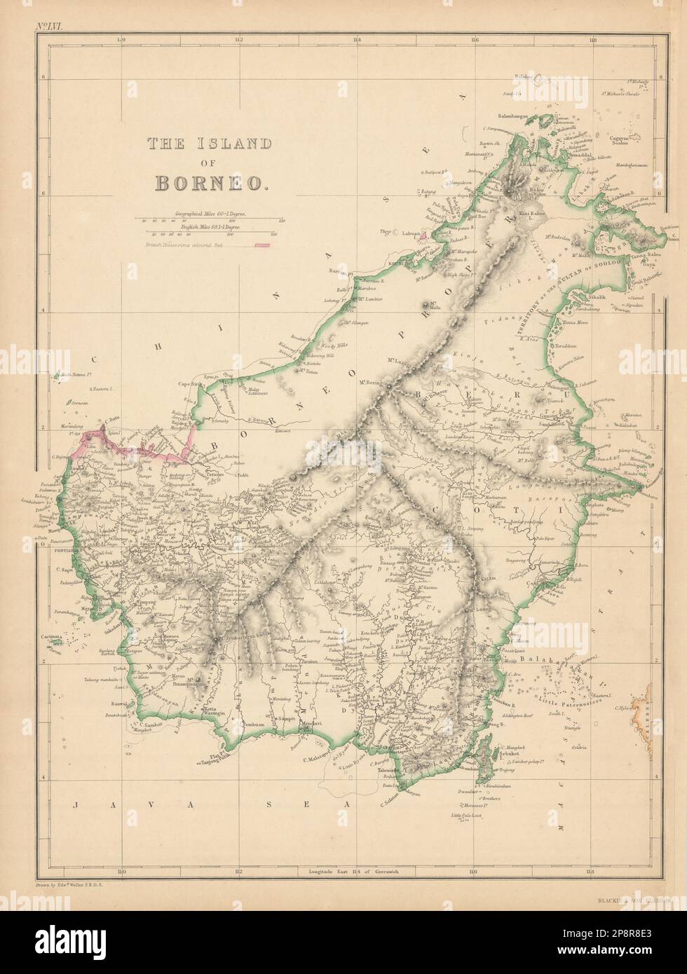 The Island of Borneo by Edward Weller. Sarawak Sabah Brunei Kalimantan 1859 map Stock Photo