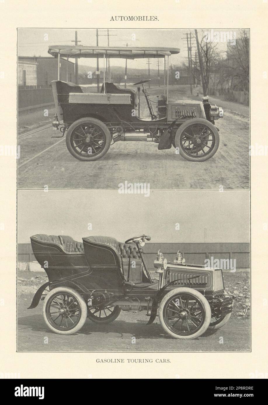 Automobiles. Gasoline Touring Cars. Transport 1907 old antique print picture Stock Photo