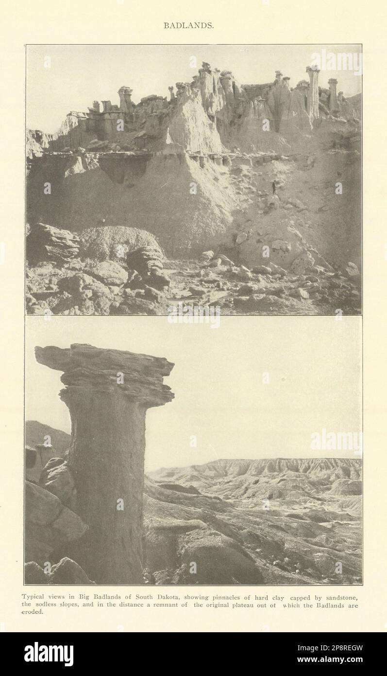 Big Badlands of South Dakota. Pinnacles of hard clay capped by sandstone 1907 Stock Photo