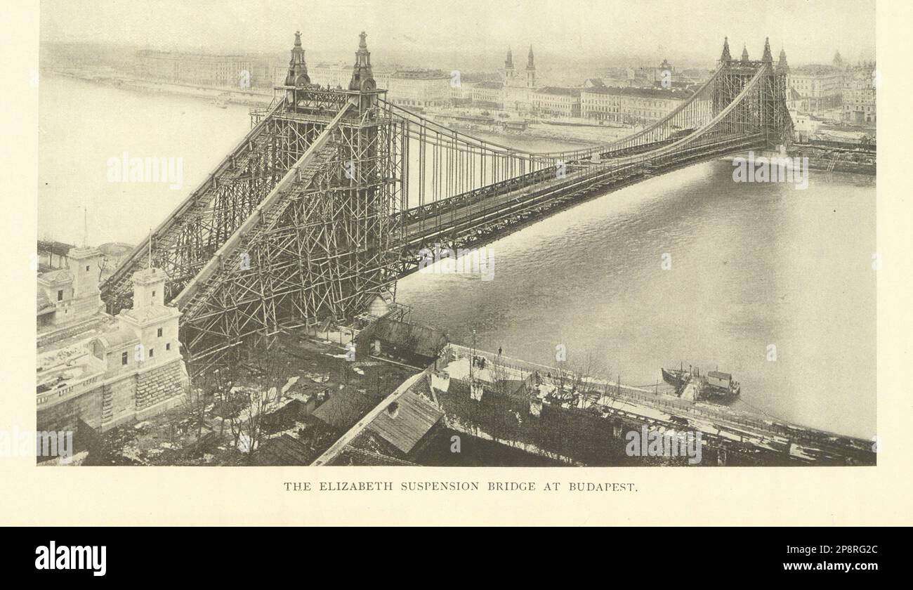 The Elizabeth Suspension Bridge At Budapest. Hungary 1907 old antique print Stock Photo
