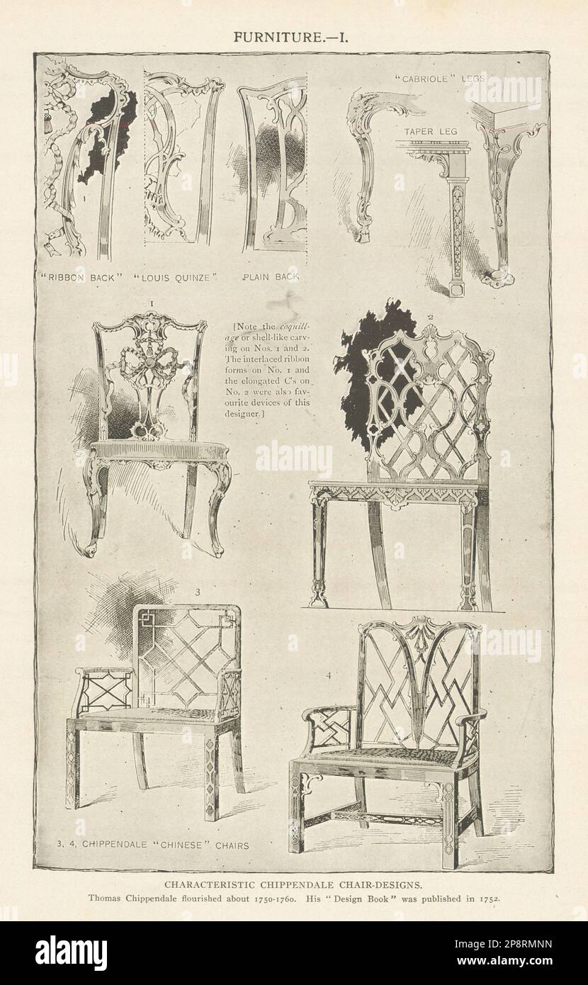 FURNITURE I. CHARACTERISTIC CHIPPENDALE CHAIR-DESIGNS 1907 old antique print Stock Photo