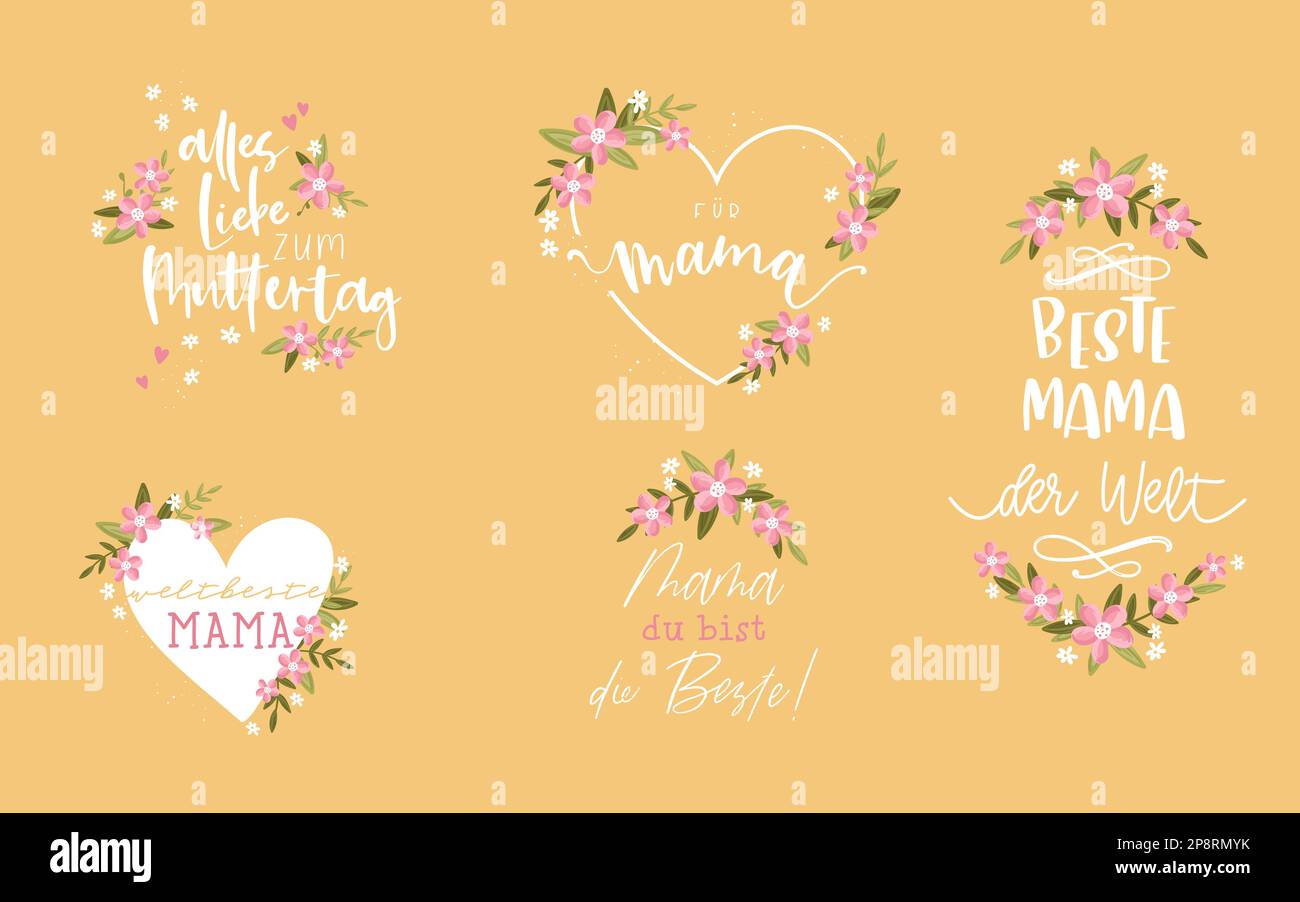 Hand written elements in german saying 'Happy mothers day' 'Best Mom ever' - great for cards, prints, banners Stock Vector