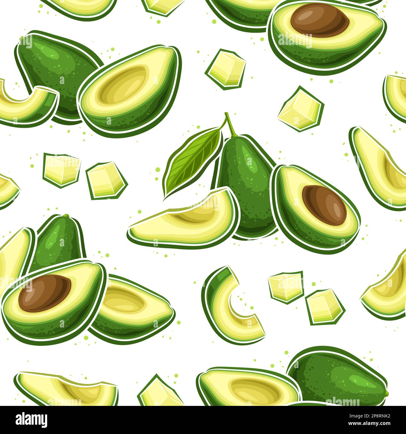 Vector Avocado Seamless Pattern, decorative repeat background with illustration of avocado still life composition with chopped fruits for wrapping pap Stock Vector