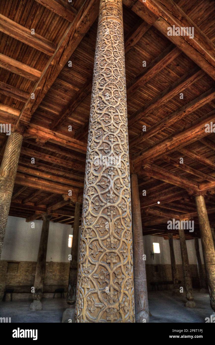 Closeup of Karagacha (Column), Interior, Juma Mosque, Ichon Qala, Khiva, Uzbekistan Stock Photo