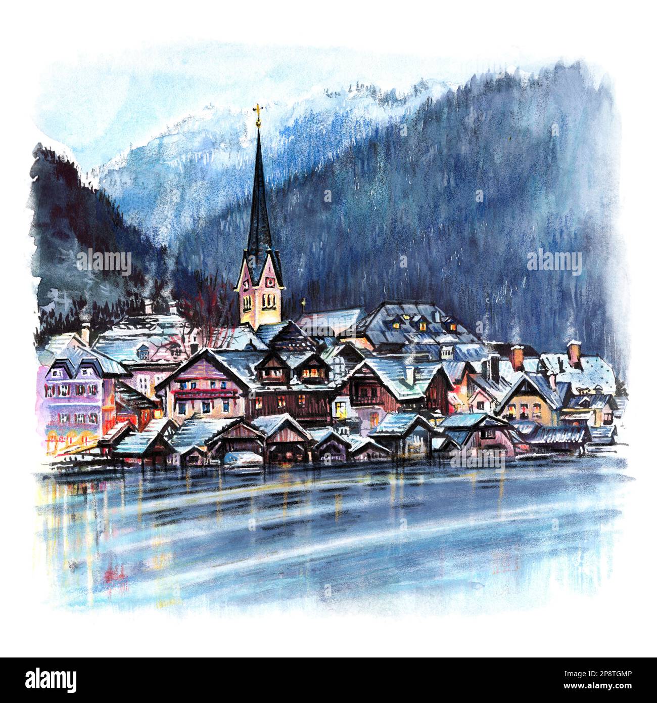 Colour watercolor sketch of famous Hallstatt mountain village in the Austrian Alps at night, Austria Stock Photo