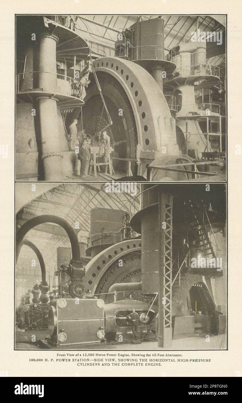 12,500 Horse Power Engine. 42-Foot Alternator. 100,000 H. P. POWER STATION 1907 Stock Photo