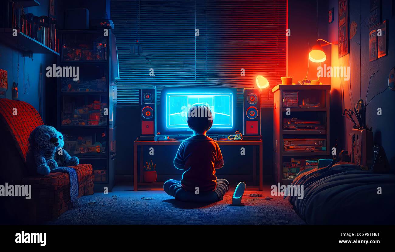 A boy is playing games on Tv in the dark room with neon lights Stock