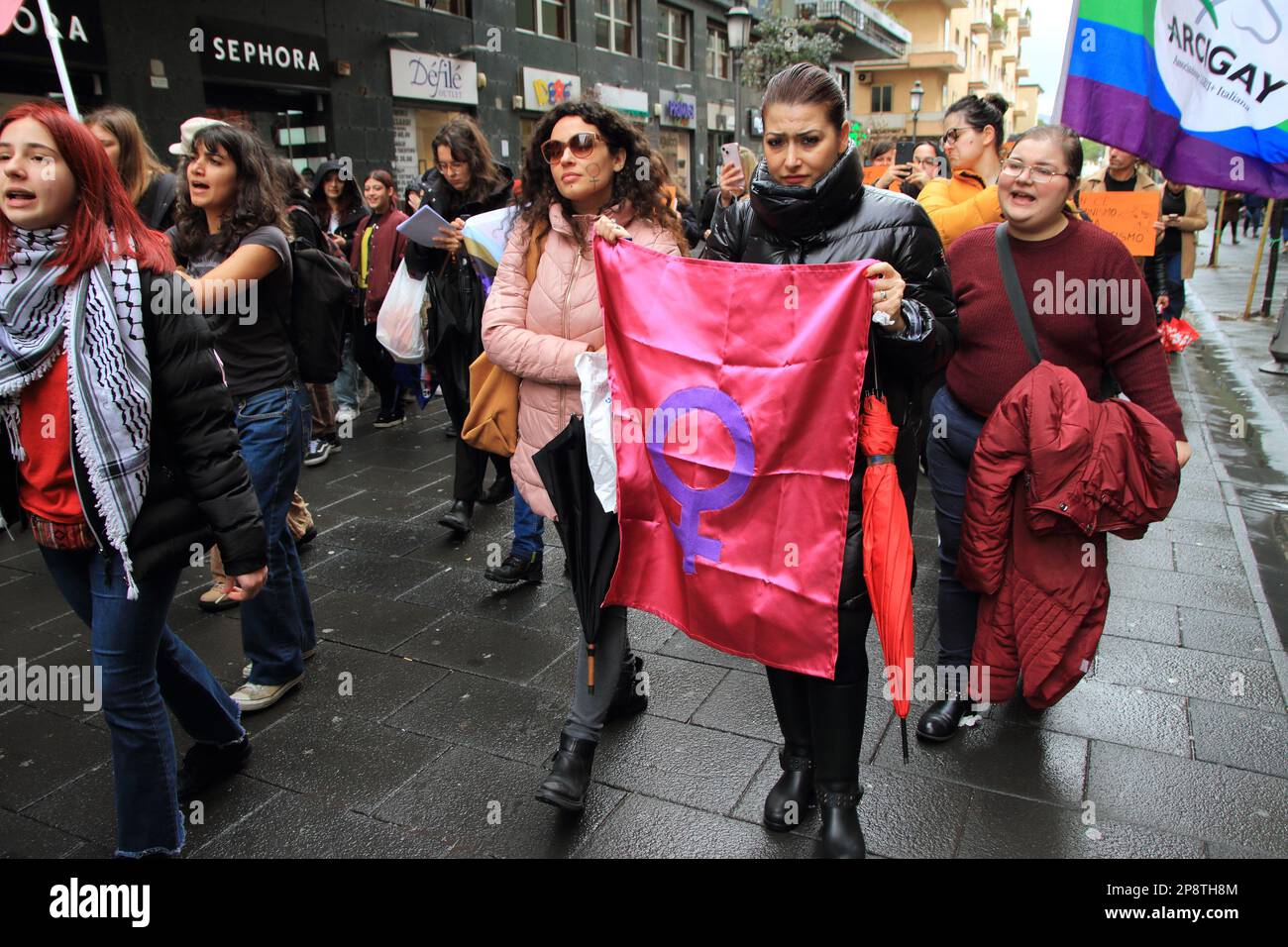 March 8, 2023, Salerno, Campania/Salerno, Italy: Salerno, Italy - March 08, 2023 : On the day of the International Women's Day, students and volunteers from some associations took to the streets for a transfemminist procession. Event created by the associations ''Tide'', ''Salerno Animal/Climate Save'', ''Zona Orientale Rugby Popolare Salerno'', ''Arcigay Salerno ''Marcella Di Folco'', to shout their No to patriarchy, exploitation, the political class that ignores them. In memory of all victims of violence.To be the voice of all women, trans and non-binary people who do not have access to abor Stock Photo