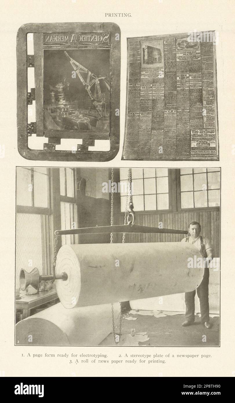 PRINTING. Page form electrotype. stereotype newspaper page plate & roll 1907 Stock Photo