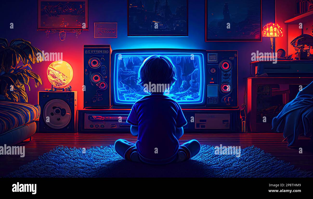 A boy is playing games on Tv in the dark room with neon lights Stock