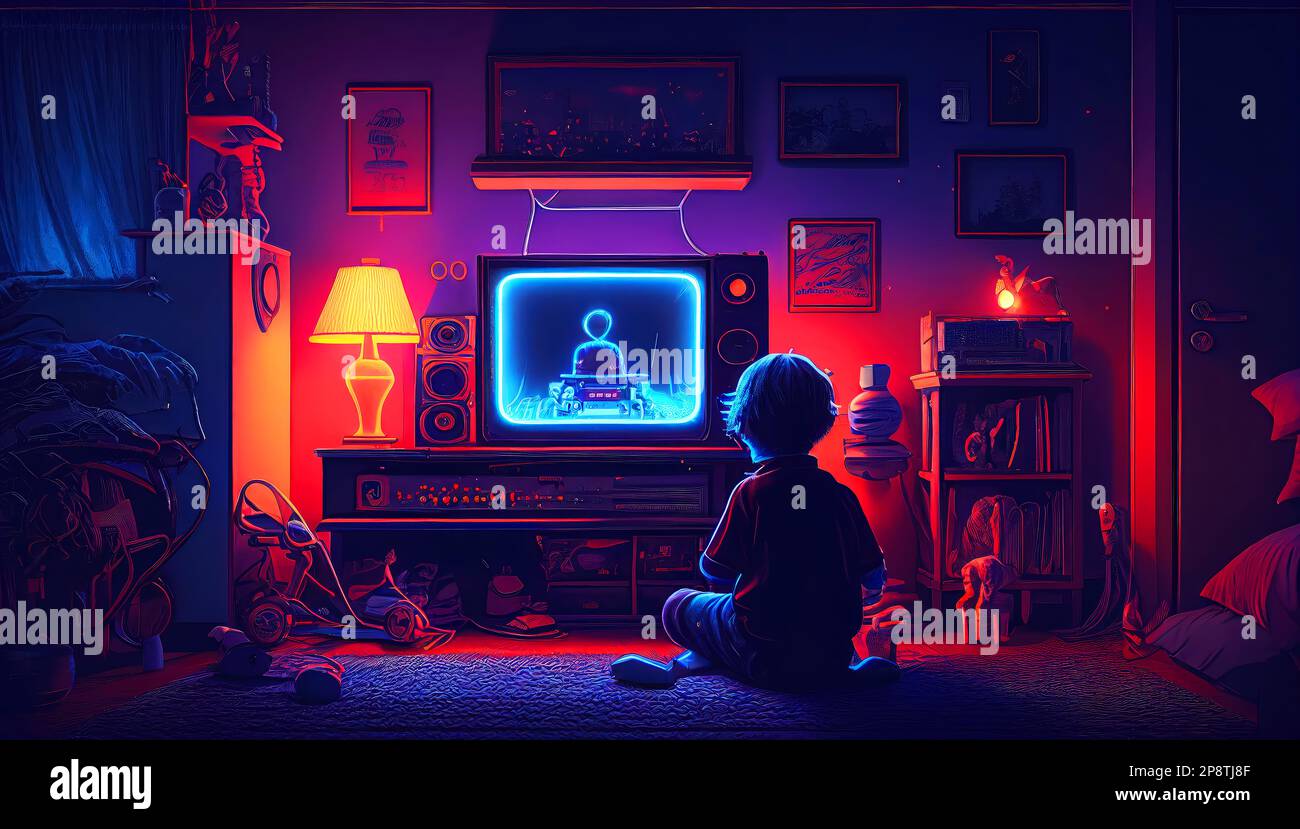 A boy is playing games on Tv in the dark room with neon lights Stock
