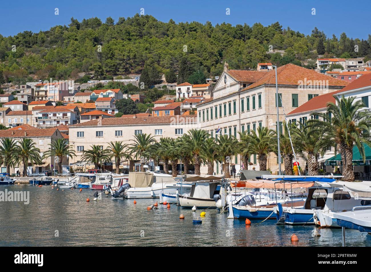 Boats in the harbour of the little town Vela Luka on the island Korčula in the Adriatic Sea, Dalmatia, Dubrovnik-Neretva County, Croatia Stock Photo