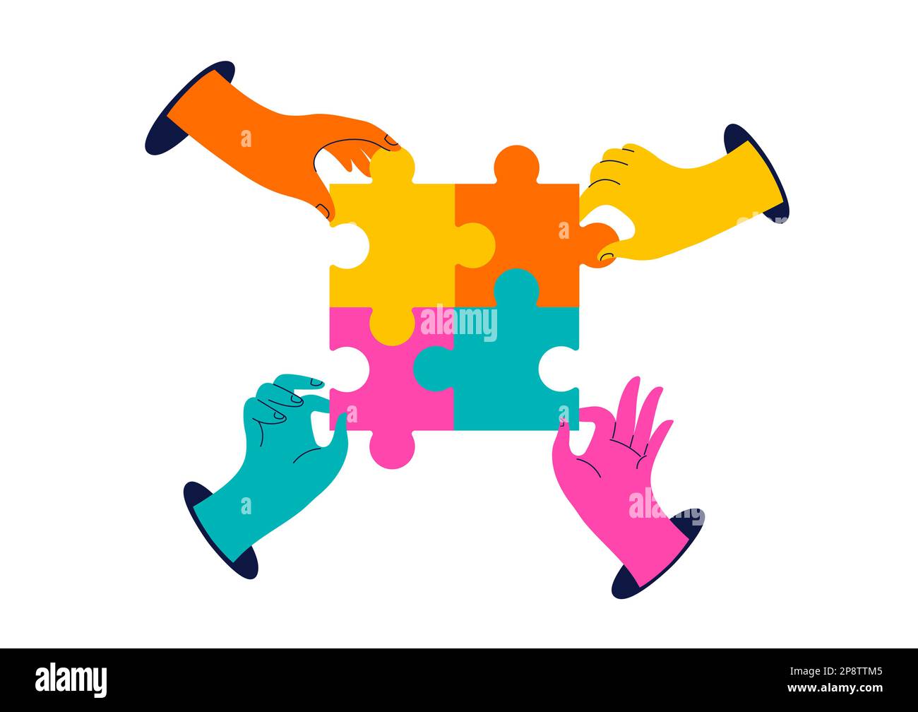 Collection of colorful hands holding jigsaws. Solving problems together