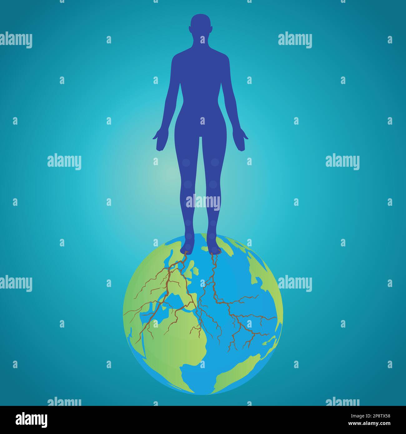 Silhouette of a person on the earth globe,  spiritual grounding concept Stock Vector