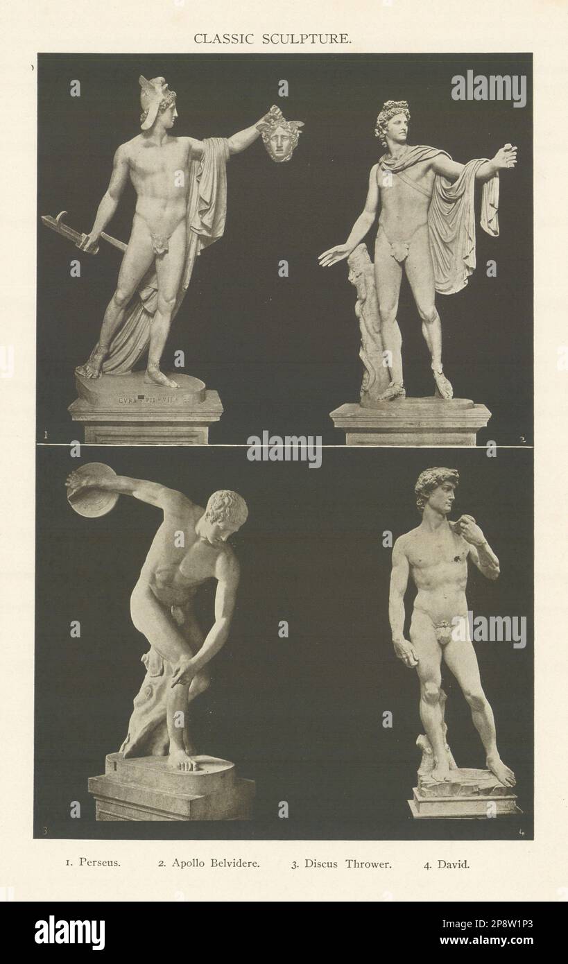 CLASSIC SCULPTURE. Perseus. Apollo Belvidere. Discus Thrower. David 1907 print Stock Photo