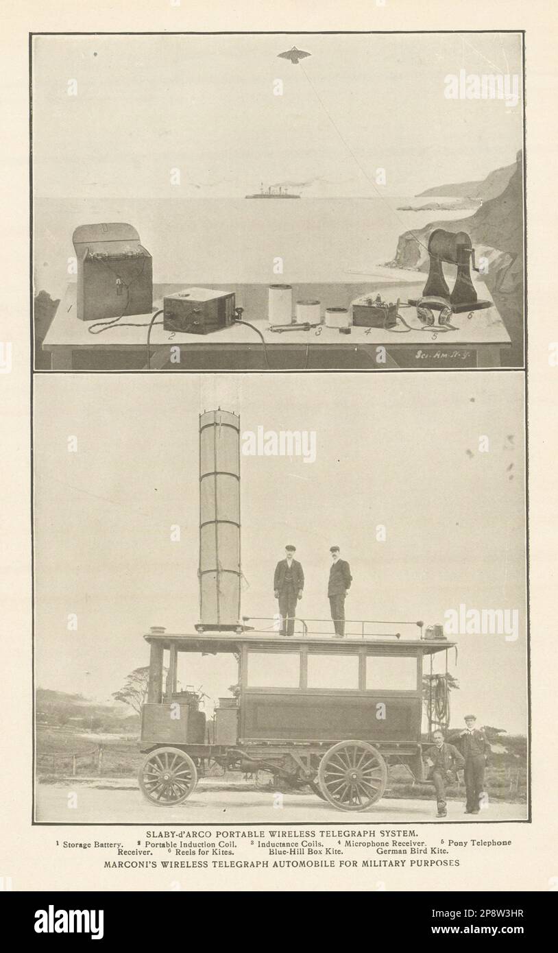 SLABY-d'ARCO PORTABLE WIRELESS TELEGRAPH. MARCONI's MILITARY AUTOMOBILE 1907 Stock Photo
