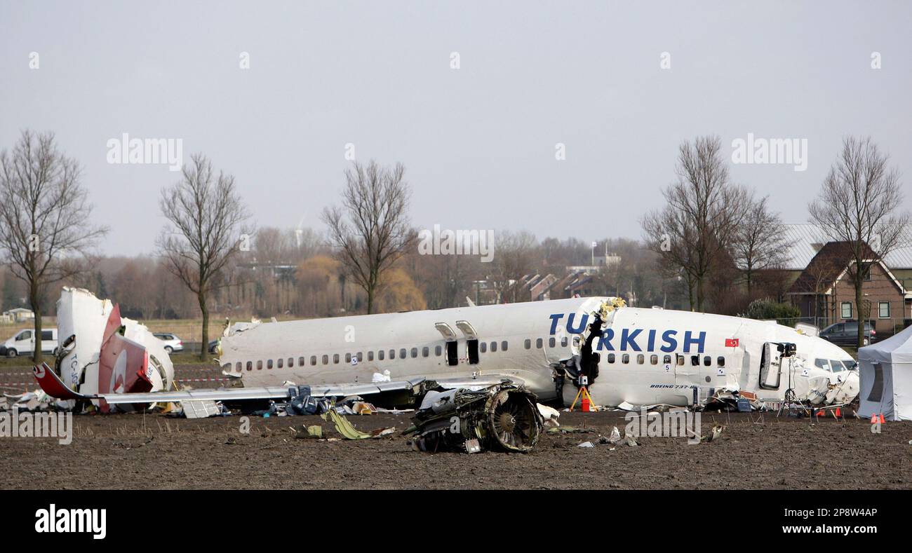Crash investigators examine the wreckage of the Turkish airlines plane ...