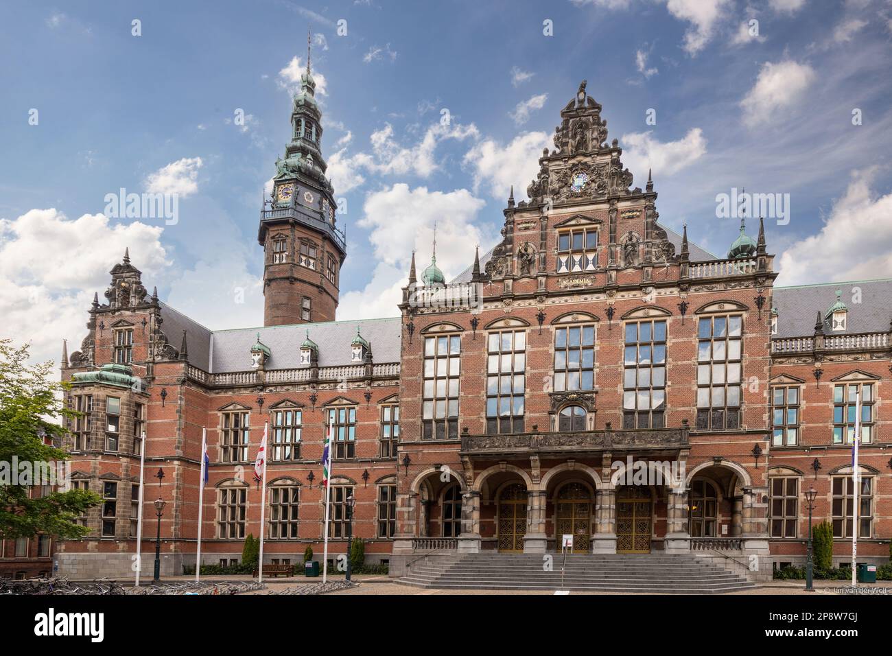 Main building of the University of Groningen in the city center in the Dutch city of Groningen. Stock Photo