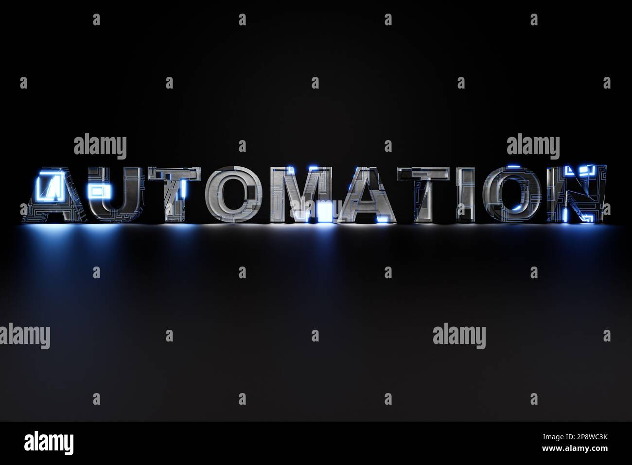 Sci-Fi metal Automation text 3D illustration on black background Stock Photo