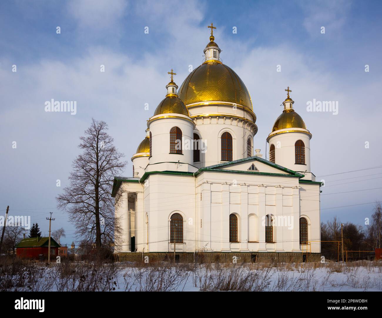 Trinity Cathedral with golden domes in Morshansk on winter day Stock Photo