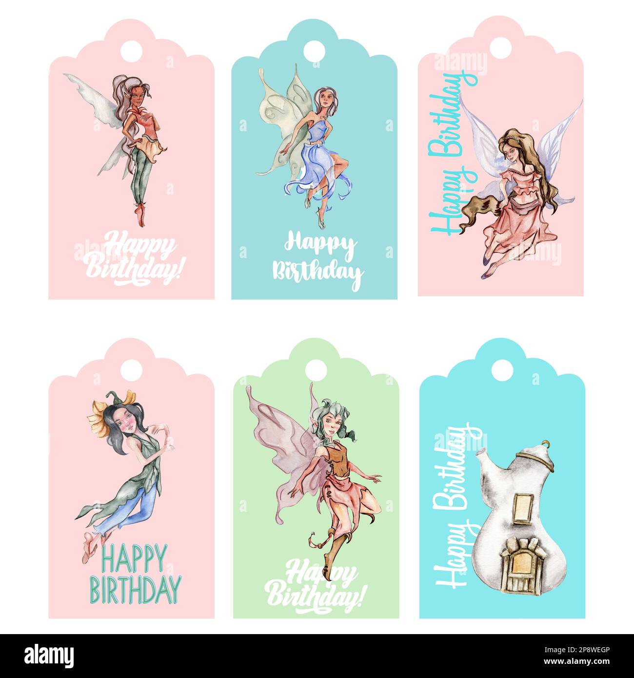 Set of happy birthday  tags. Illustration isolated on white background. Watercolor illustration fayry tales.Template label set.Wedding cake design. Stock Photo
