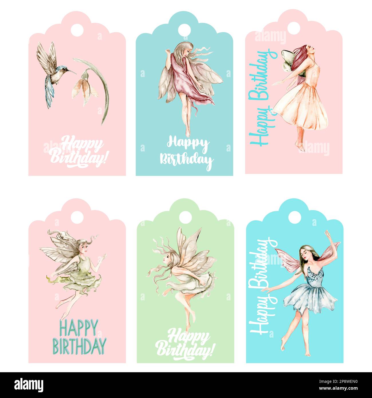 Set of happy birthday  tags. Illustration isolated on white background. Watercolor illustration fayry tales.Template label set.Wedding cake design. Stock Photo