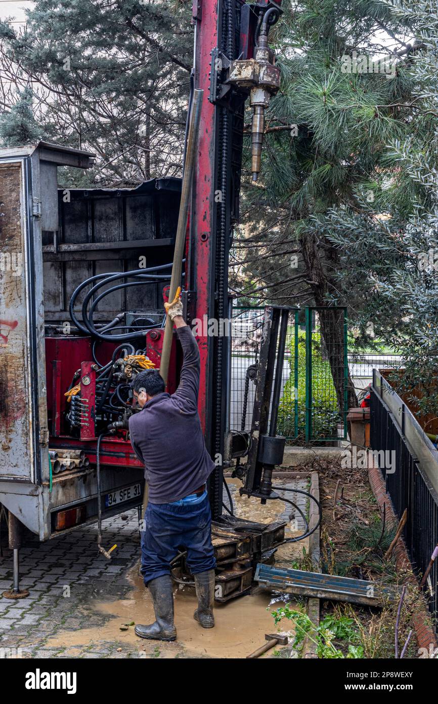 Selfpropelled Mini drill rig drills soil for soil investigation. Test