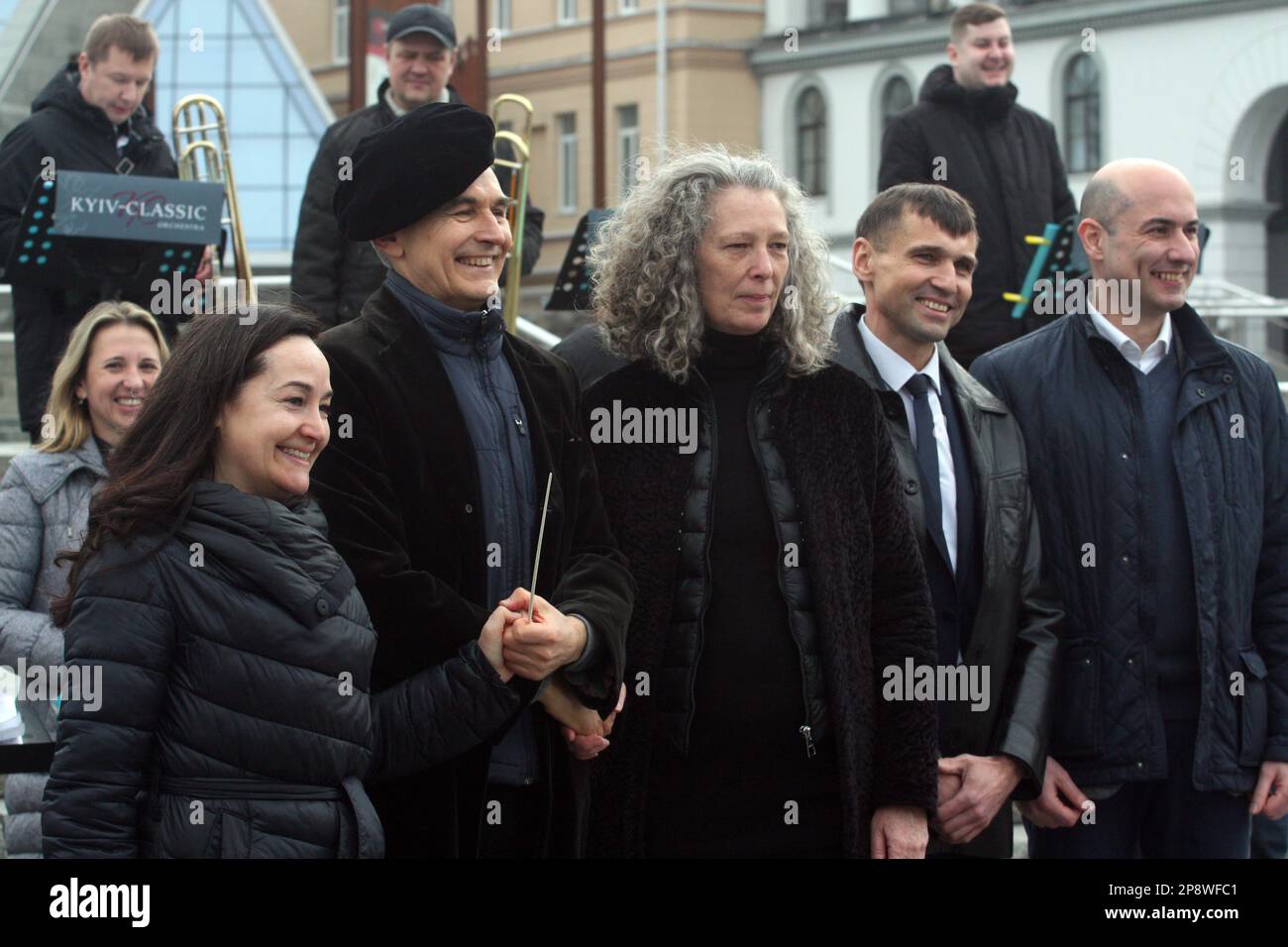 KYIV, UKRAINE - MARCH 09 , 2023 - UNESCO Representative to Ukraine Chiara Dezzi Bardeschi, conductor of the Taras Shevchenko National Academic Opera and Ballet Theater of Ukraine, chief conductor and artistic director of the Kyiv-Classical Orchestra Herman Makarenko, UN Resident Coordinator in Ukraine Denise Brown, and Vice-Rector for Academic Affairs of the Tchaikovsky National Music Academy of Ukraine Viktor Kovalchuk, Vice-Rector of Education of the Tchaikovsky National Music Academy of Ukraine Viktor Bondarchuk,  (L to R) pose for a photo during the 'Concert for Peace' art event in Maidan Stock Photo