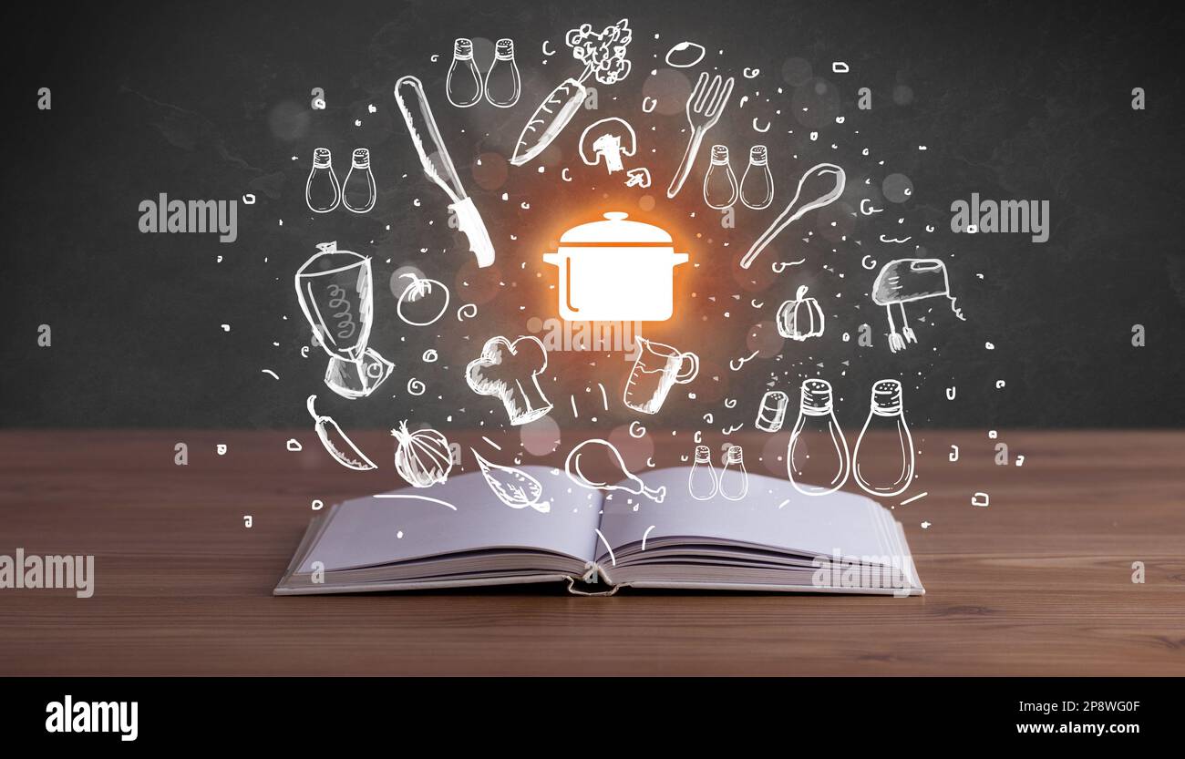 Open recipe book with food related icons above Stock Photo - Alamy