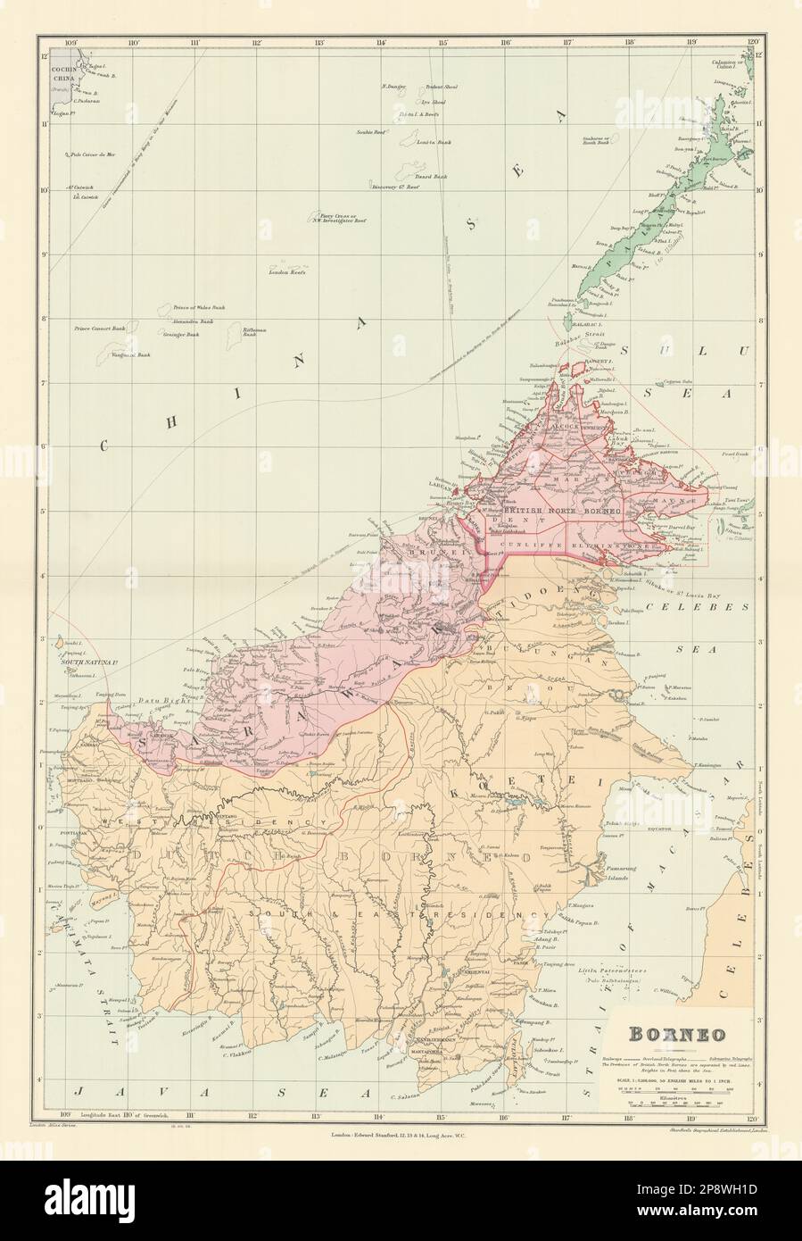 Dutch & British North Borneo Sarawak Kalimantan Palawan. STANFORD 1904 old map Stock Photo