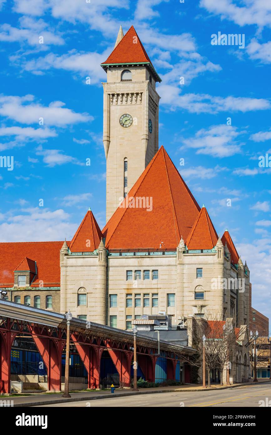 Sunny view of The clock tower of St. Louis Union Station at Missouri