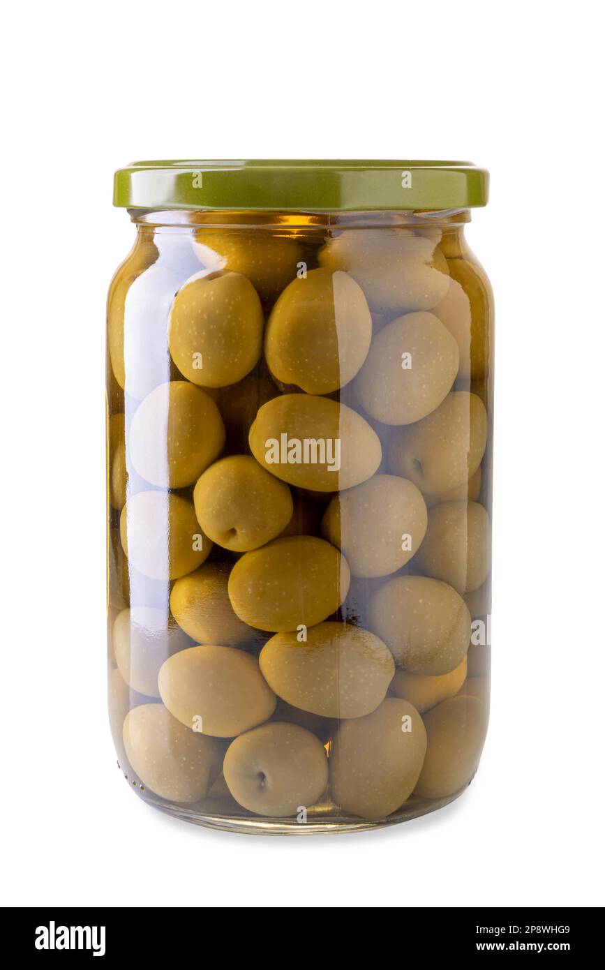 Large brined green olives in glass jar isolated on white with clipping path included Stock Photo