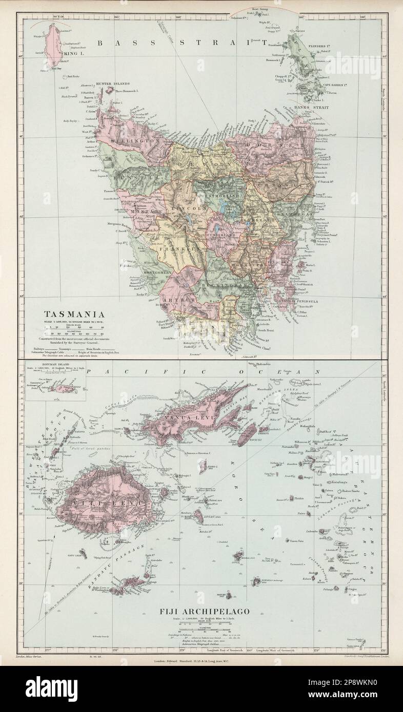 Tasmania & Fiji Archipelago. Vanua Levu. Viti Levu. STANFORD 1904 old map Stock Photo