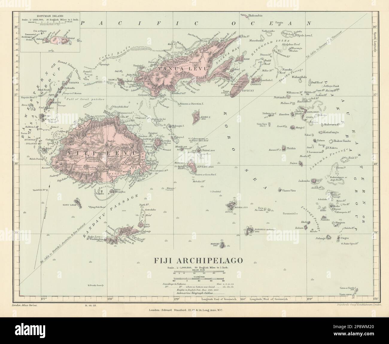 Tasmania / Fiji Archipelago. Vanua Levu. Viti Levu. STANFORD 1904 old map Stock Photo