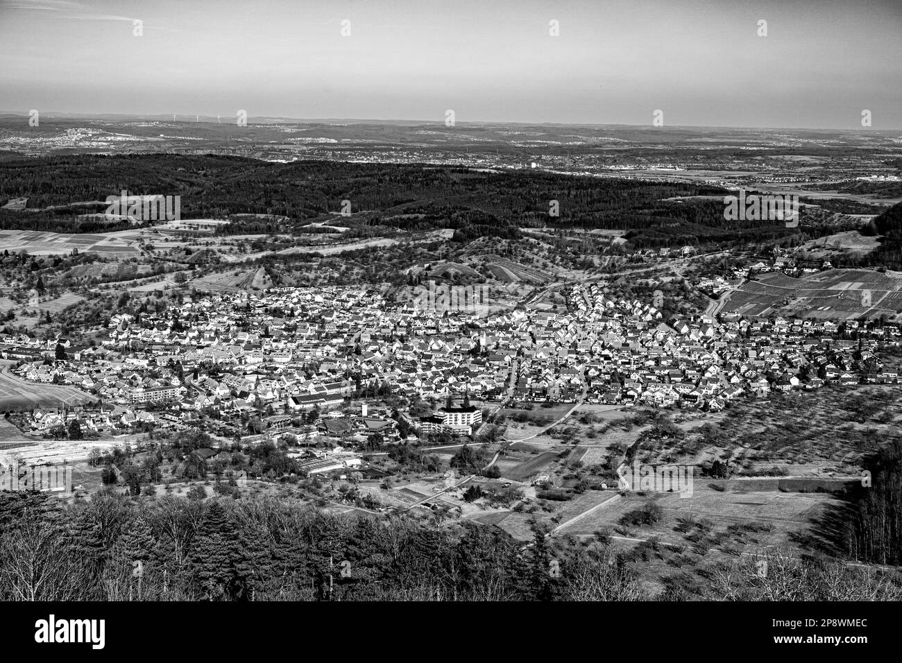 Little village in the middle of the countryside (b/w) Stock Photo