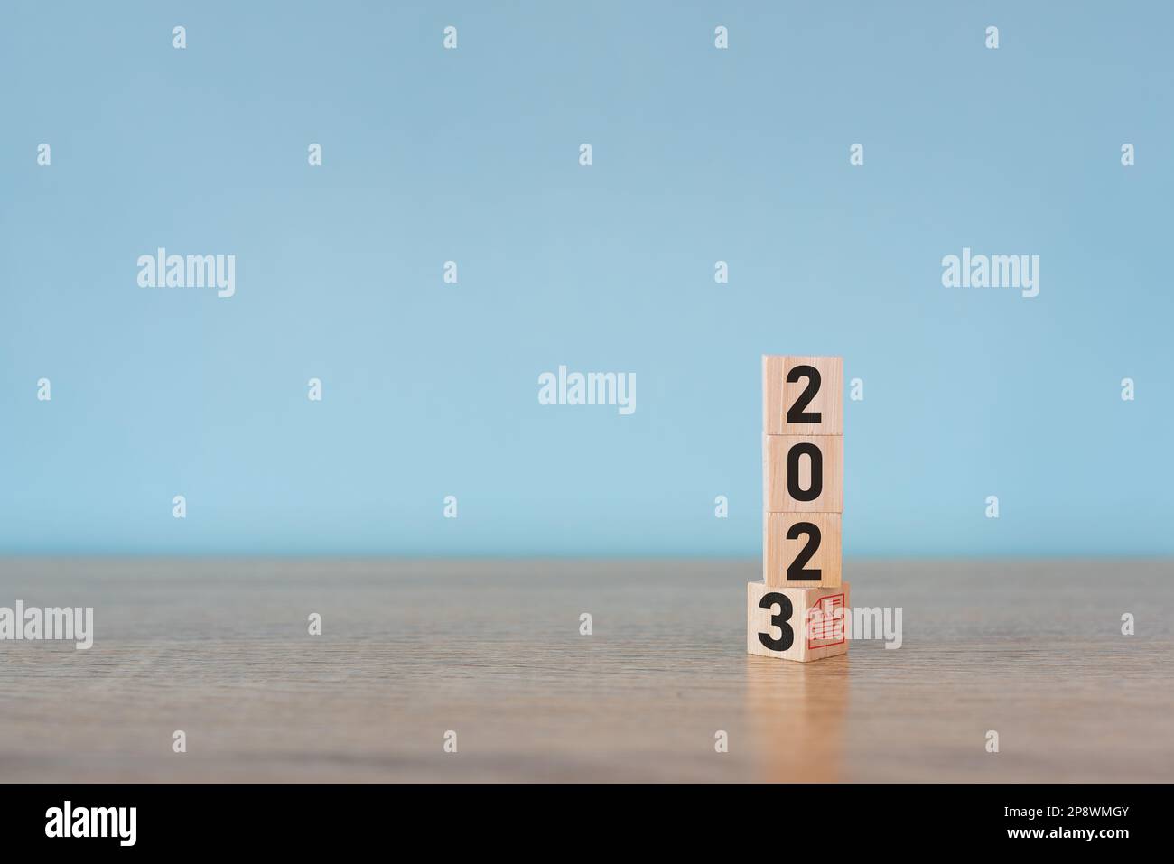 2023 year, target board print screen on wooden block cube for setup new year business objective and goal concept. Stock Photo
