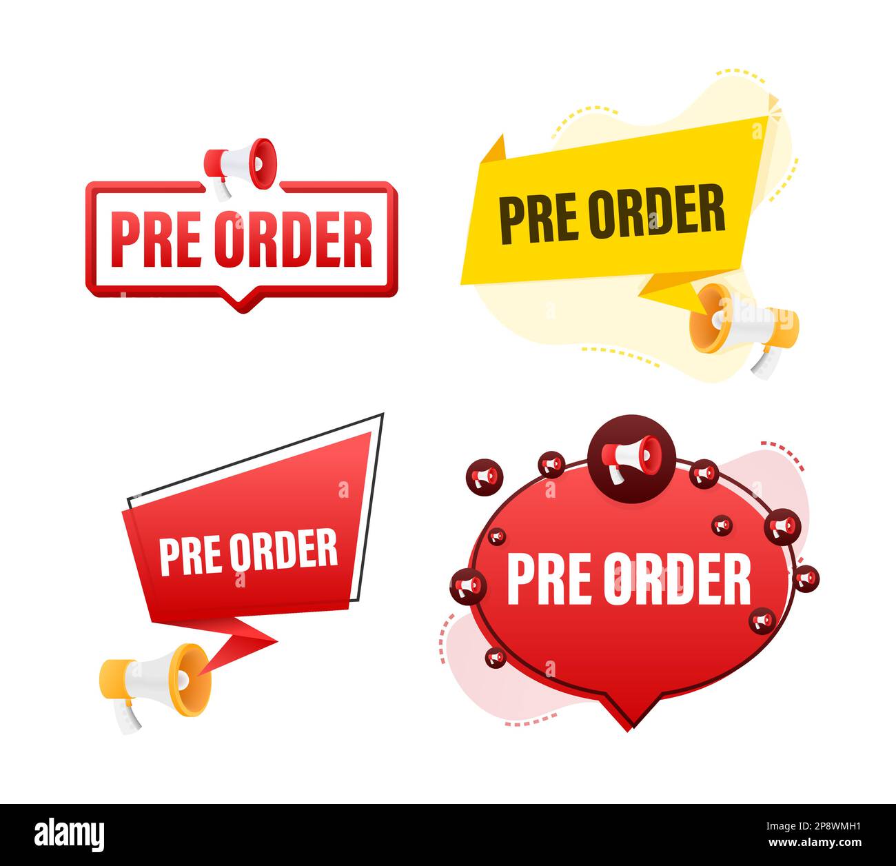 Megaphone label set with text Pre order. Megaphone in hand promotion banner. Marketing and advertising Stock Vector