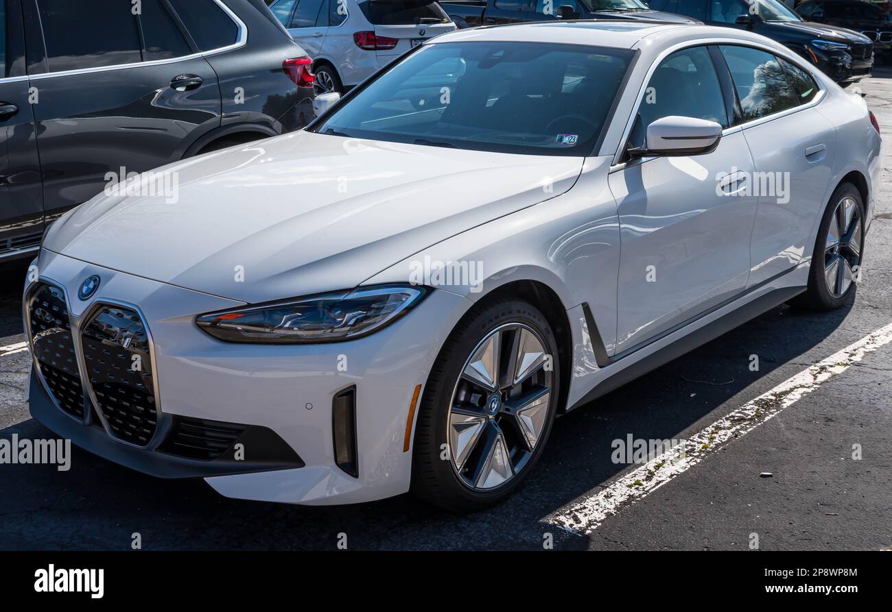 A new, white BMW sedan for sale at a dealership in Sewickley, Pennsylvania, USA Stock Photo