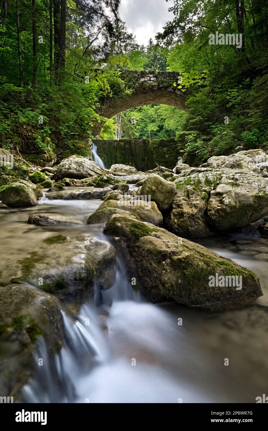 The Astico stream and the ancient stone bridge along the nature trail 'The water path'. Carbonare, Folgaria, Alpe Cimbra, Trentino, Italy. Stock Photo