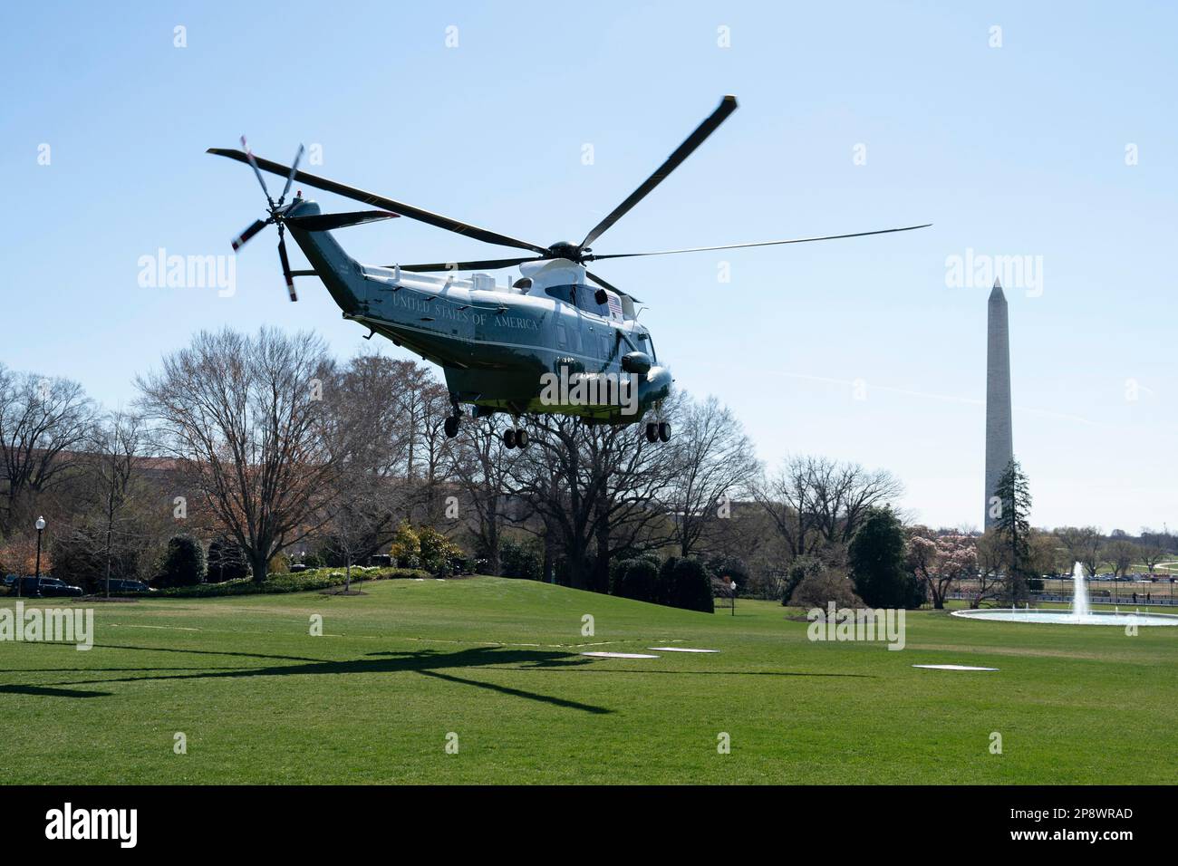 United States President Joe Biden, aboard Marine One, departs the White House in Washington, DC, March 9, 2023, en route to Philadelphia, Pennsylvania to release his Budget for Fiscal Year 2024. Credit: Chris Kleponis/Pool via CNP Stock Photo