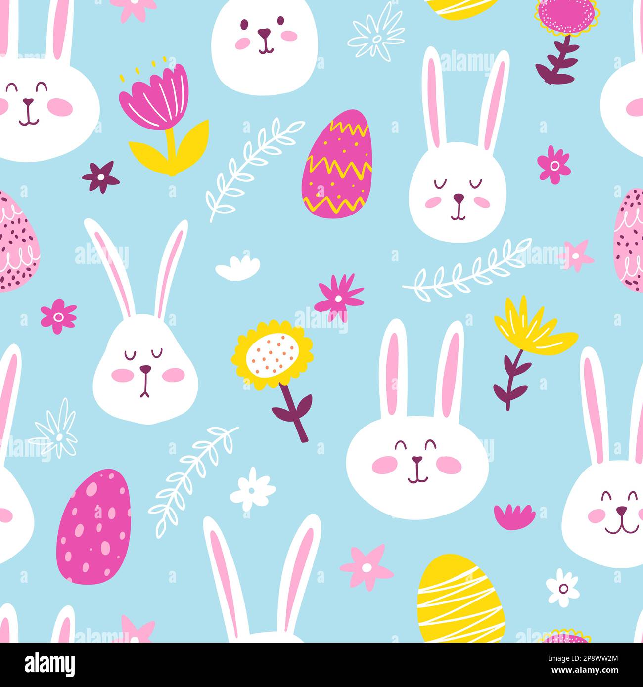 Seamless pattern with cute hand drawn bunnies and flower meadow. Vector ...