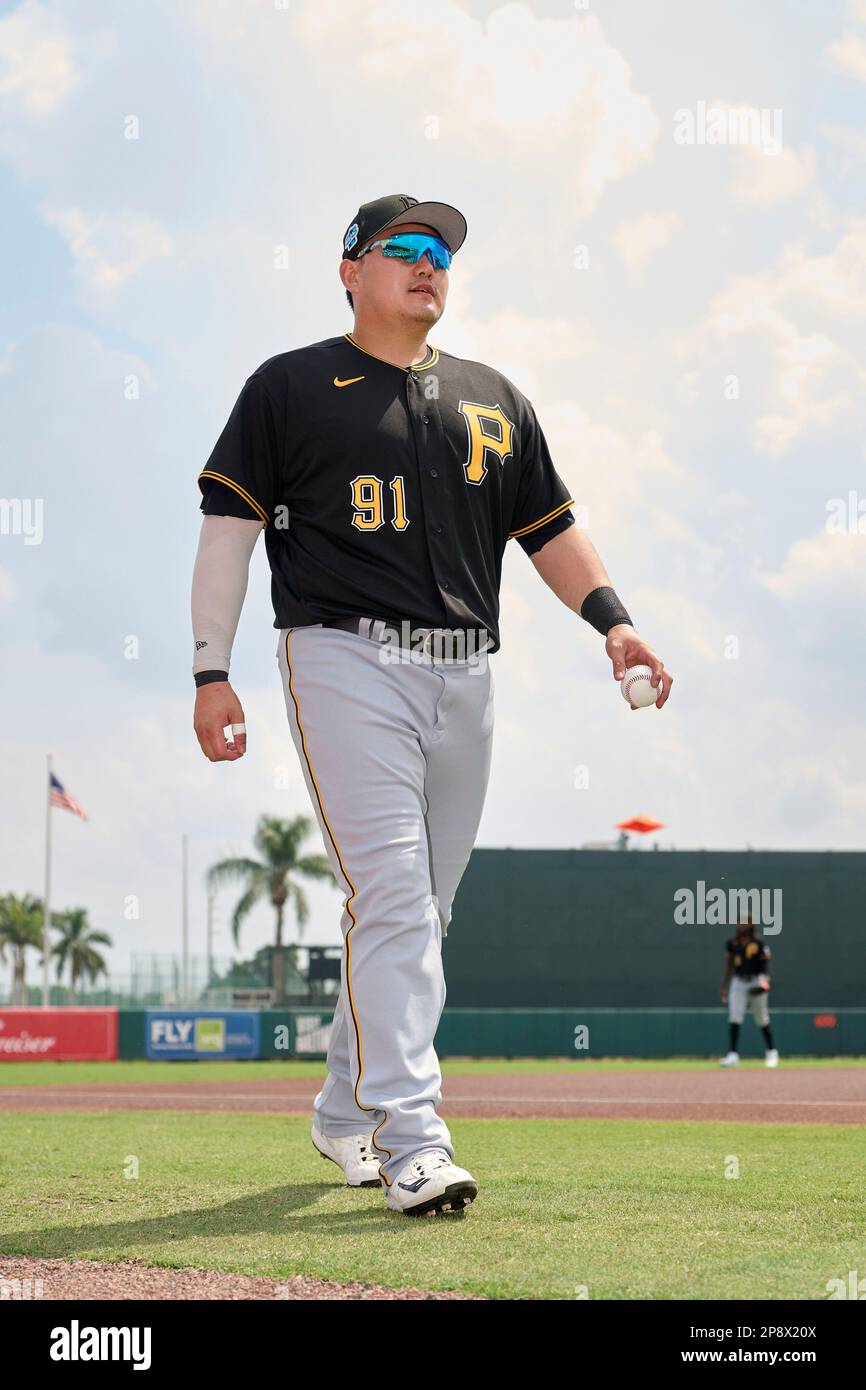 Pittsburgh Pirates Ji-Man Choi (91) bats during a spring training baseball  game against the Baltimore Orioles on March 8, 2023 at Ed Smith Stadium in  Sarasota, Florida. (Mike Janes/Four Seam Images via