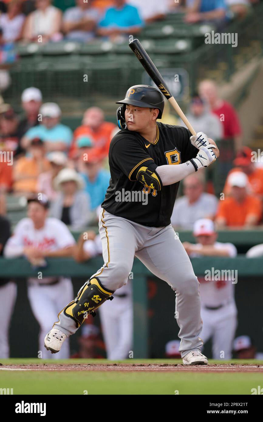 Pittsburgh Pirates Ji-Man Choi (91) bats during a spring training baseball  game against the Baltimore Orioles on March 8, 2023 at Ed Smith Stadium in  Sarasota, Florida. (Mike Janes/Four Seam Images via