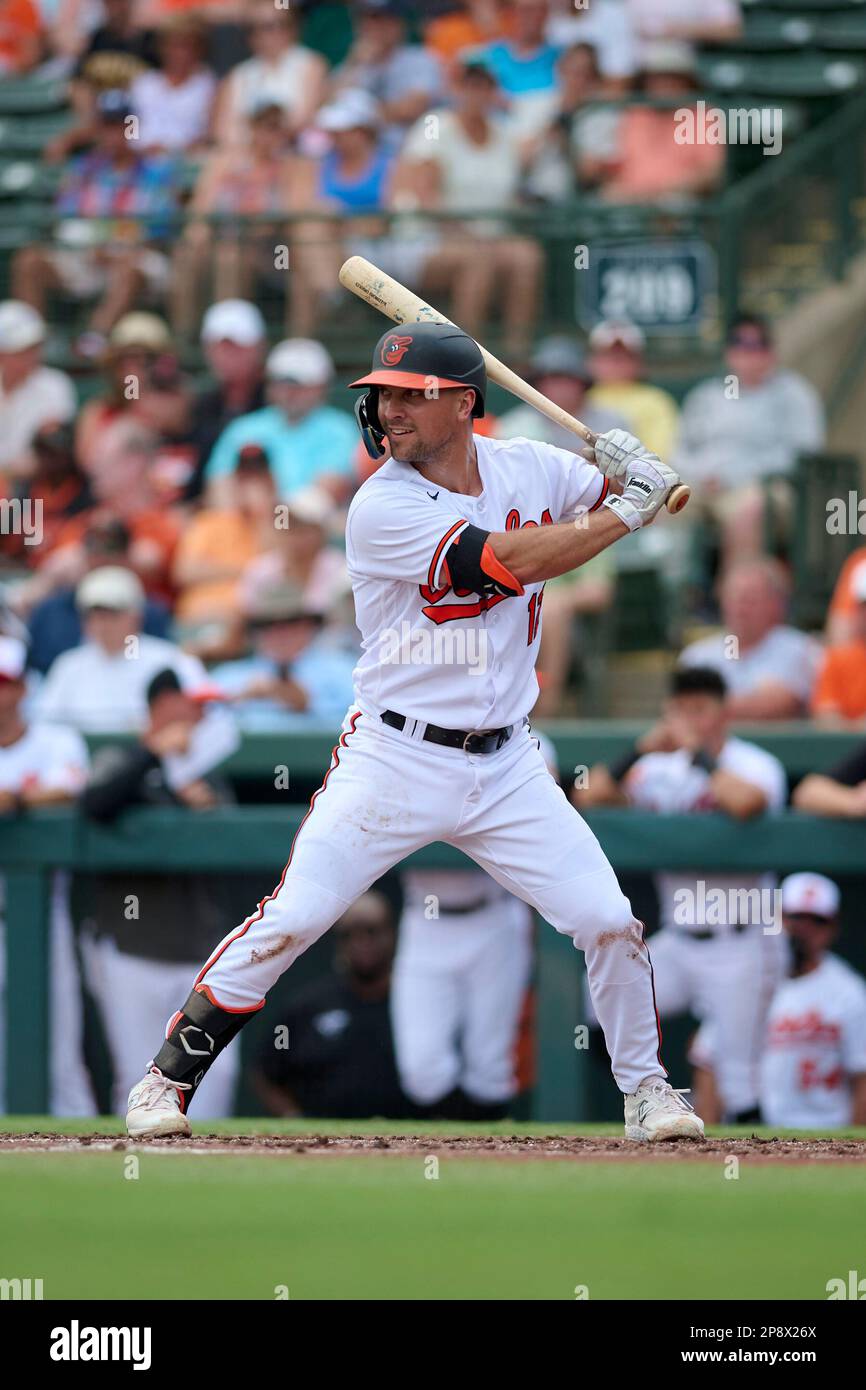 Baltimore Orioles Adam Frazier (12) bats during a spring training baseball  game against the Pittsburgh Pirates